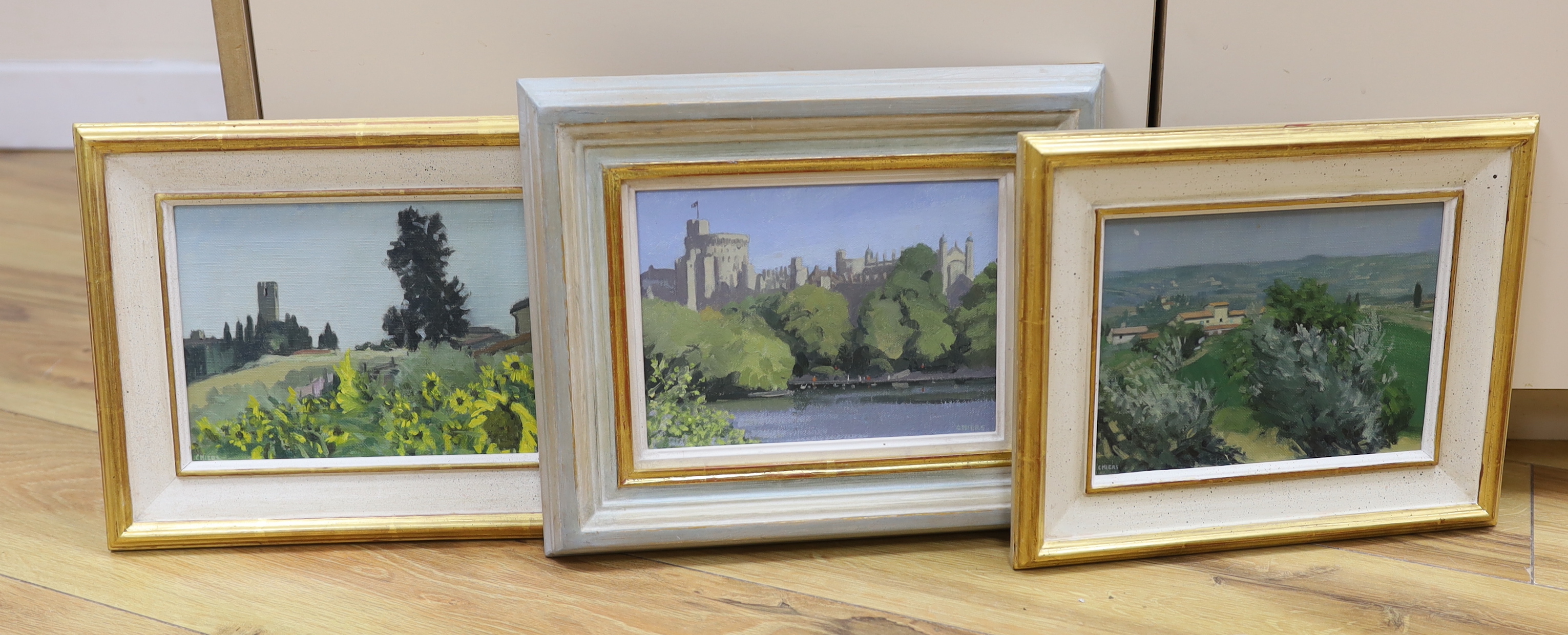 Christopher Miers RBA (b.1941), three oils on canvas board, Tuscan views and Windsor Castle, each signed, with details verso, largest 15 x 19cm